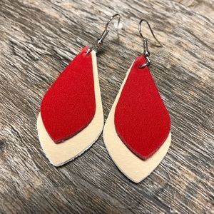 Red beige boho leather earrings Nwt